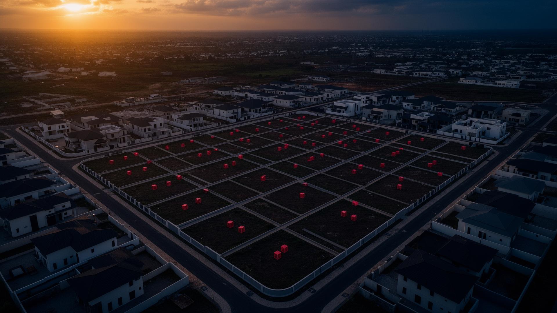 Aerial view of a Bencards estate at sunset